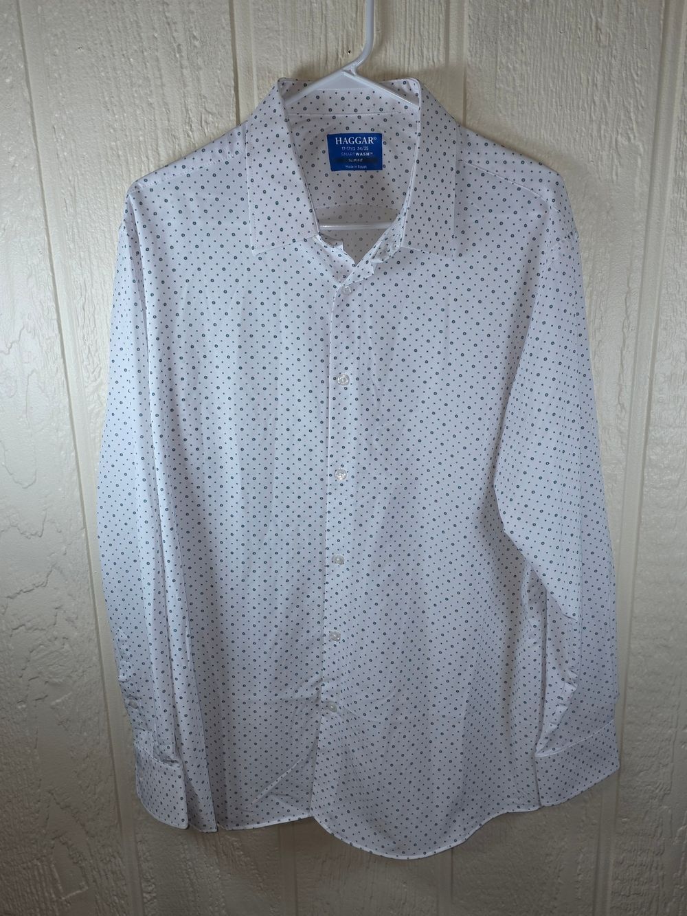 Men's Haggar White Button-Front Shirt with Navy Microdot Pattern, Size 17.5 (XL)